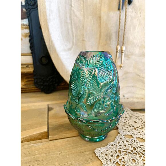 Vintage Fenton Glass Fairy Lamp Green Carnival Candle Holder Strawberry Pattern - Picture 1 of 7